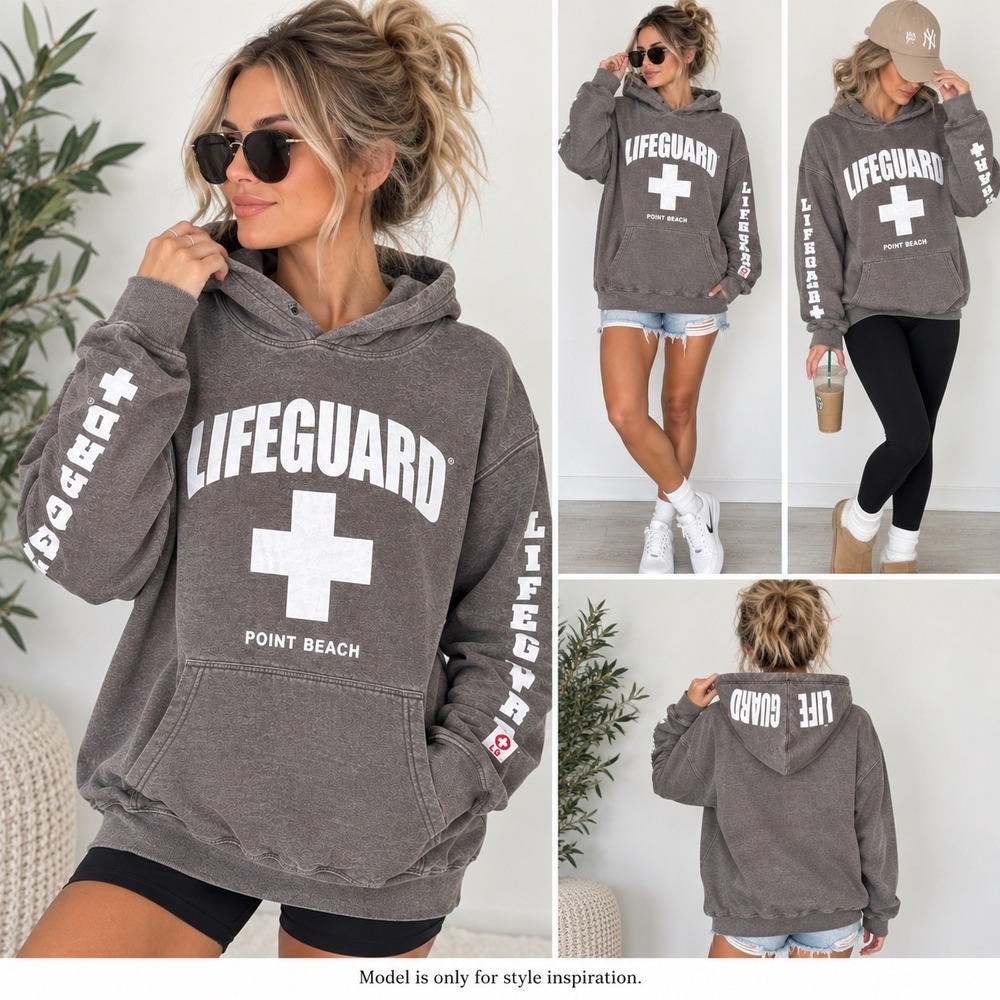 Lifeguard Hoodie Womens XL Gray Point Beach Graphic Retro Surf Y2K Coastal